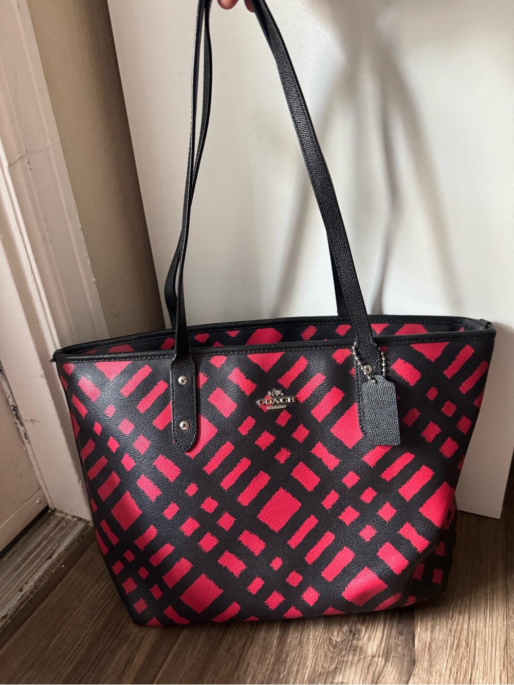 Coach F22246 Wild Plaid Red City Zip Tote Handbag Purse